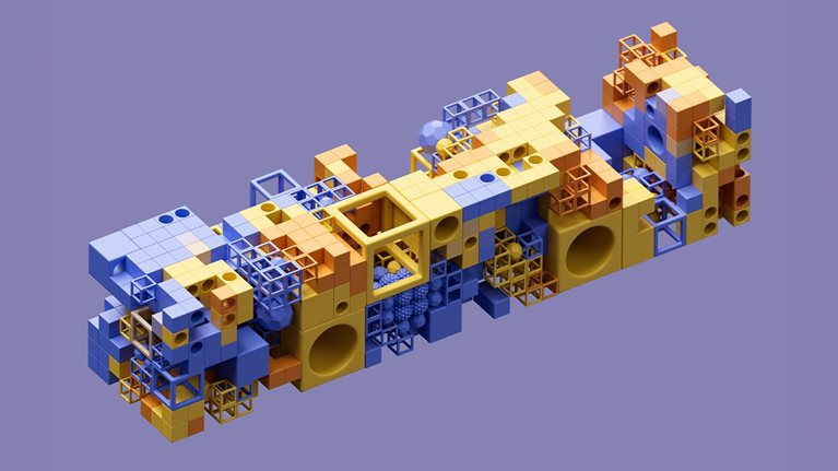 Digital generated image of multicoloured cubes and spheres connecting between each other. The concept of innovation, blockchain, artificial intelligence and cloud technology. - stock photo