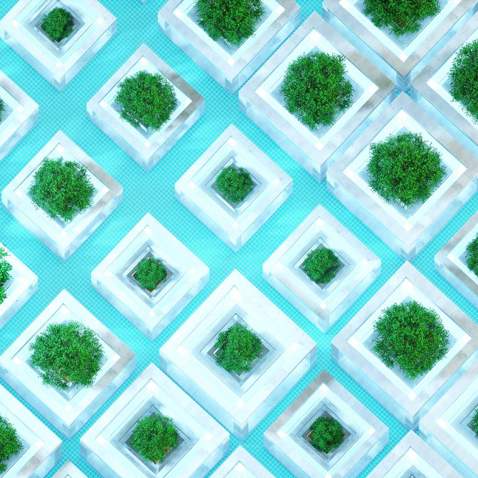 Digital generated image of of grass and flowers growing on abstract cubic structured pattern. Sustainable data concept.