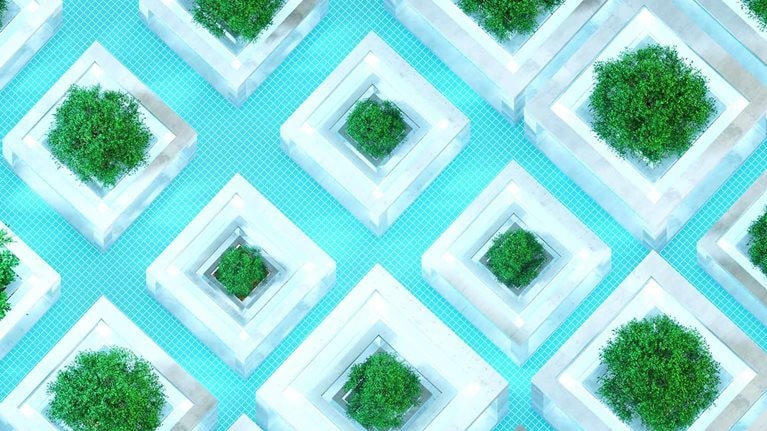 Digital generated image of of grass and flowers growing on abstract cubic structured pattern. Sustainable data concept.