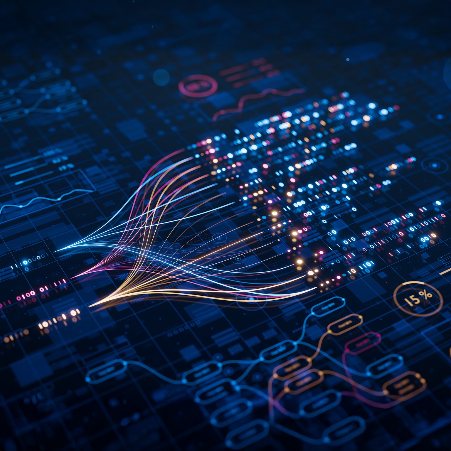 AI powers big data analysis and automation workflows, showcasing neural networks and data streams for business.