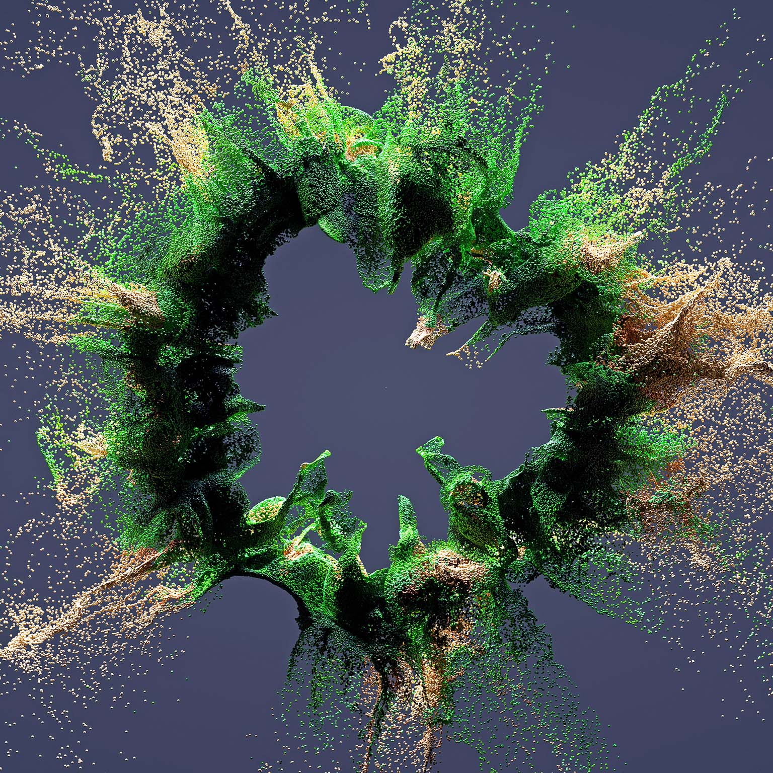 3D generated image of abstract multi-coloured circular particles coming together to form a ring
