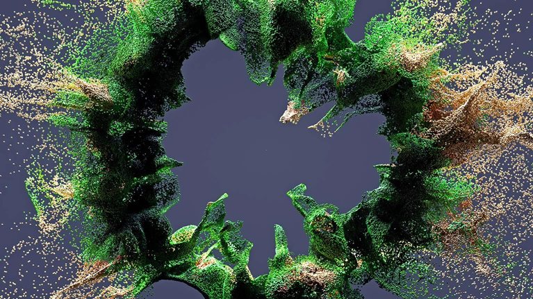 3D generated image of abstract multi-coloured circular particles coming together to form a ring