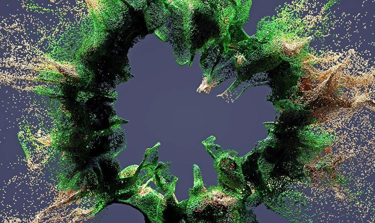 3D generated image of abstract multi-coloured circular particles coming together to form a ring