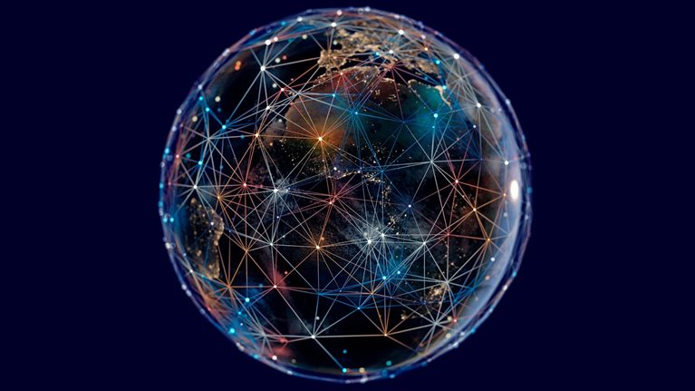 A digital globe with colorful connected nodes and lines representing networks