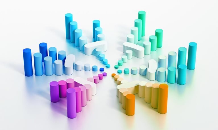 A pattern of colorful cylinders arranged in a circular shape. The height of the cylinders increases as they radiate our from the center.