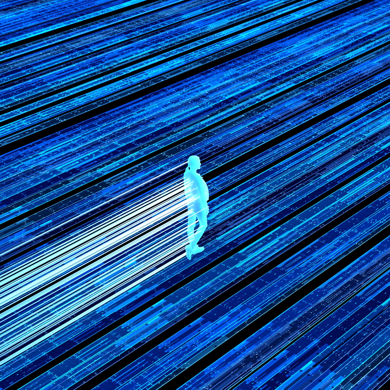 A glowing, silhouetted human figure walking along streaks of bright blue and white light that resemble data streams or digital pathways.