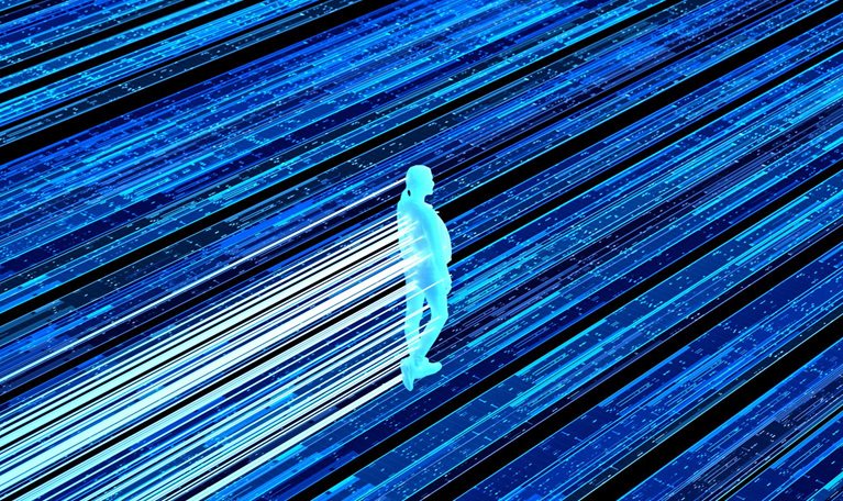 A glowing, silhouetted human figure walking along streaks of bright blue and white light that resemble data streams or digital pathways.