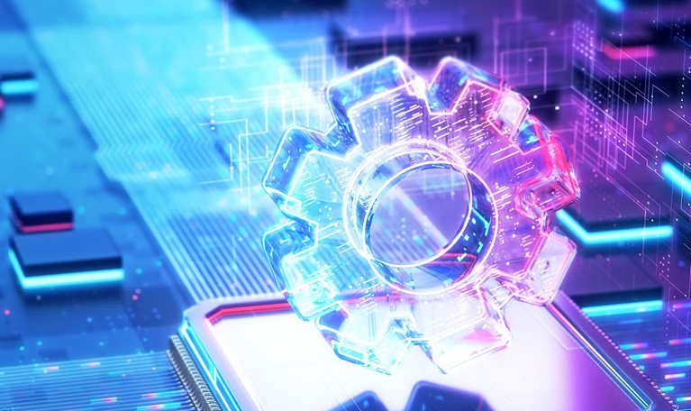 Glowing gear icon above a microchip on a circuit board with flowing data lines.