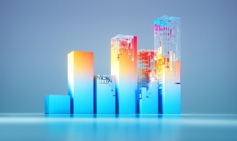 Digital generated image of abstract vertical bar graph stylized as construction standing on white ramp.