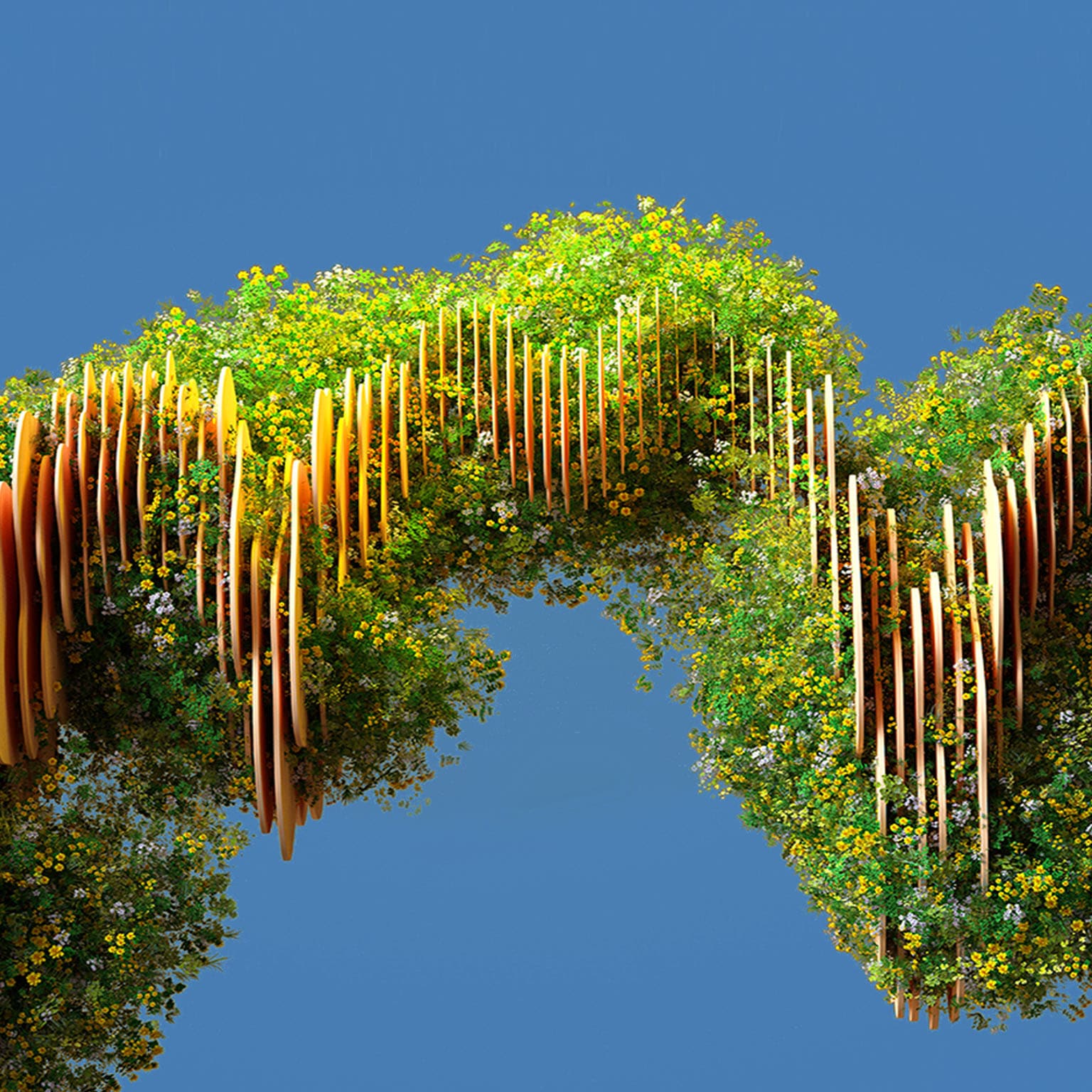 Digital generated image of grass and flowers growing on abstract torus shape made out of transparent glass.