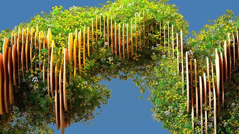 Digital generated image of grass and flowers growing on abstract torus shape made out of transparent glass.