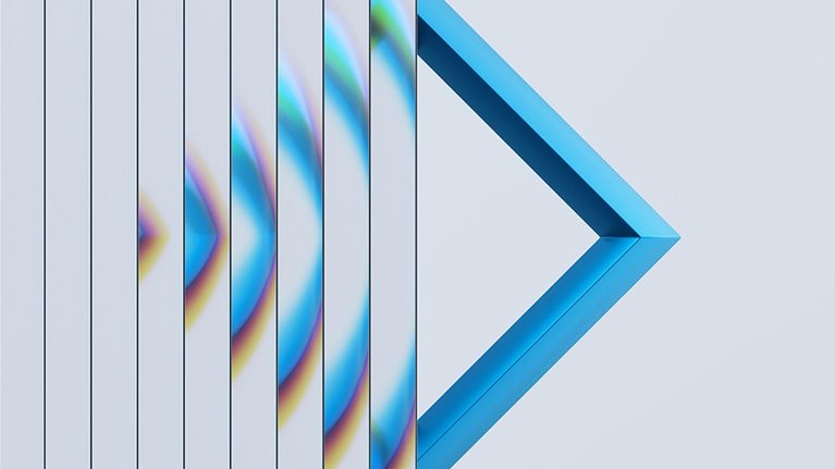 Abstract Blue Diamond Frame With Colorful Reflections Along Vertical Glass Slats and Soft Background
