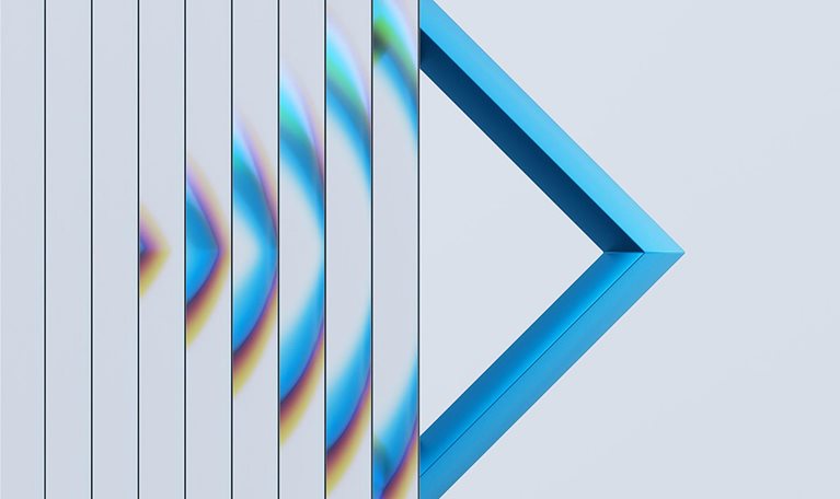 Abstract Blue Diamond Frame With Colorful Reflections Along Vertical Glass Slats and Soft Background