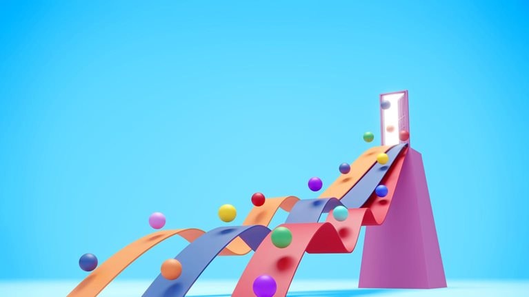 A 3D illustration showing vibrant balls cascading down three colorful ribbons emerging from an open doorway.