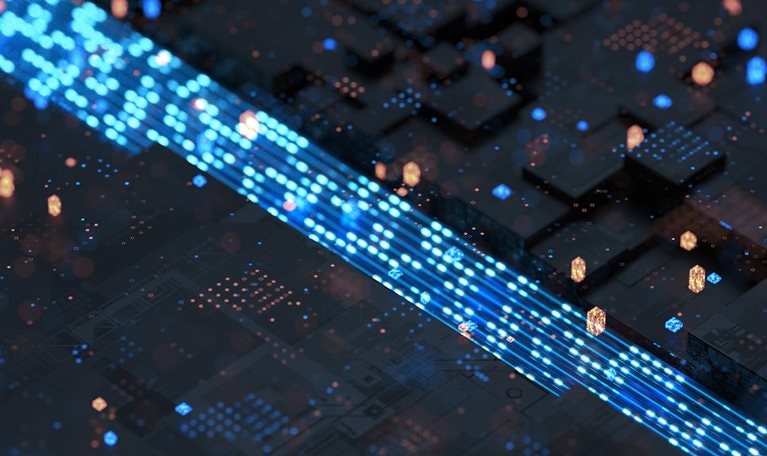 3D rendering of rapidly flowing particle data. Blue technological lines in a smart city.