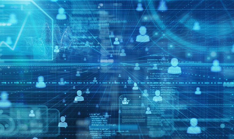 People and information data on a digital space background.