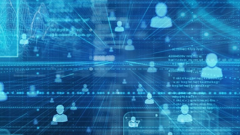 People and information data on a digital space background.