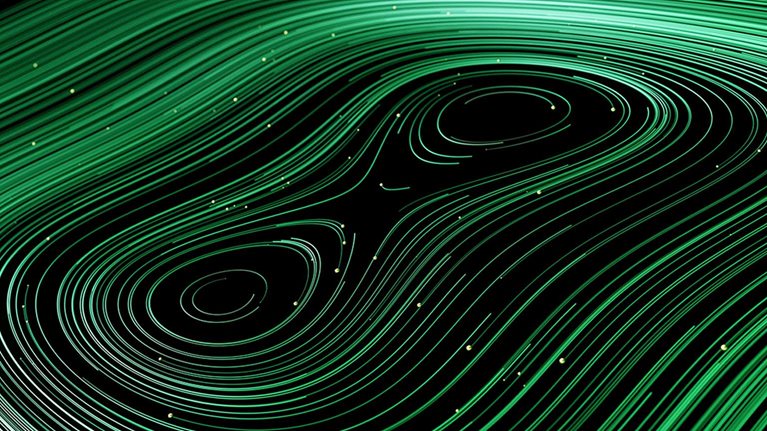Digital generated image of abstract swirl turbulent connections made out of green splines on black background visualising technology and speed. - stock photo