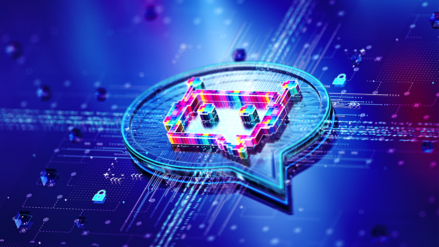 Image of an AI chatbot inside a digital 3d comment shape.