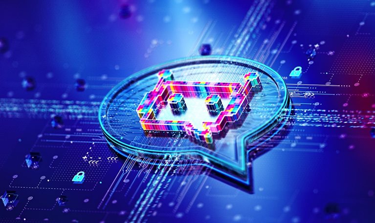 Image of an AI chatbot inside a digital 3d comment shape.