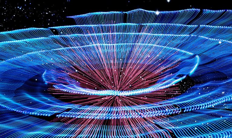 A spiral of light waves flows out from a zoom effect center in an image about future technology, expansion, and innovation