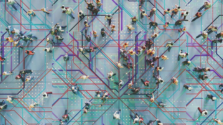 Abstract crowds of people with virtual reality street display - stock photo