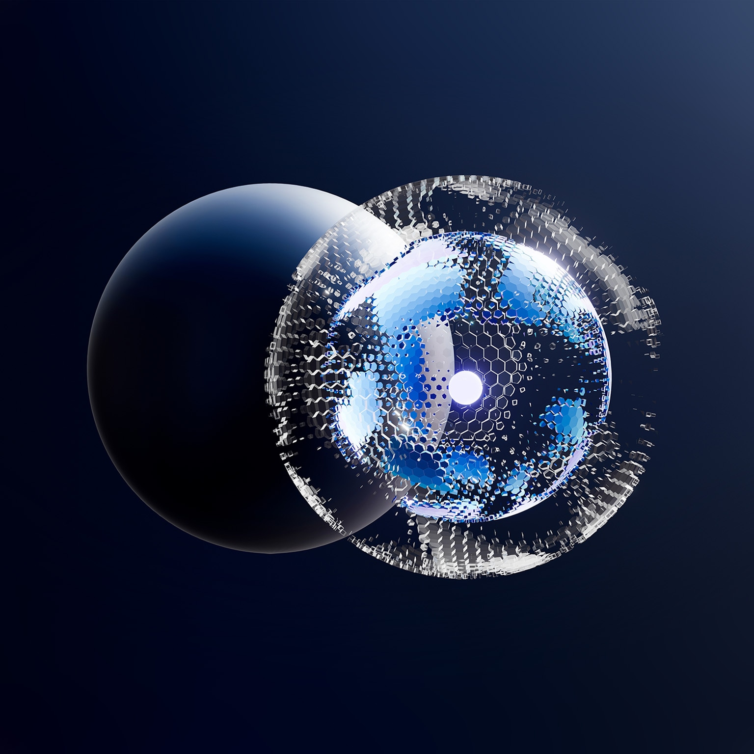 Metallic spheres and spheres glowing in magenta, blue and cyan overlap each other, splitting into honeycomb shapes.