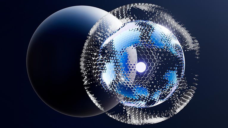 Metallic spheres and spheres glowing in magenta, blue and cyan overlap each other, splitting into honeycomb shapes.