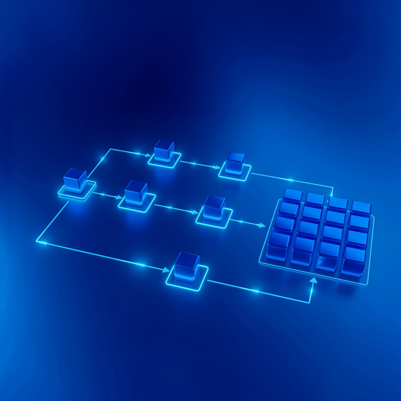 A neon-blue, isometric diagram shows glowing cubes connected by illuminated lines and arrows, forming a structured workflow or process across a dark blue background. 