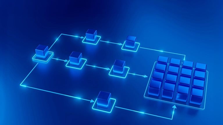 A neon-blue, isometric diagram shows glowing cubes connected by illuminated lines and arrows, forming a structured workflow or process across a dark blue background.