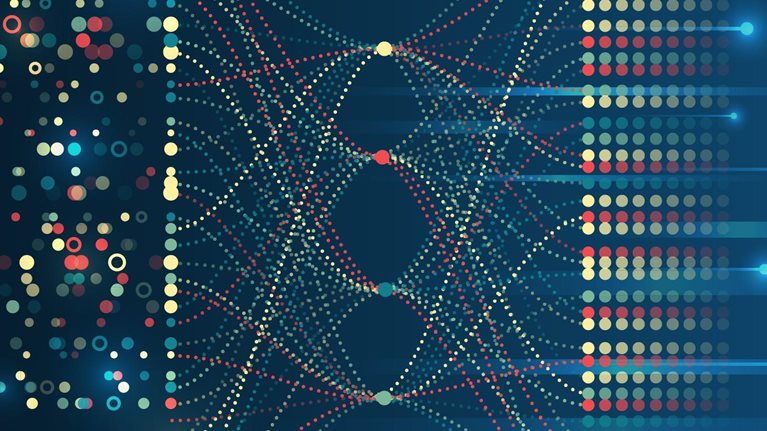 Big data visualization. Futuristic network or business analytics. Structuring the flow of information. Data analytics concept. Sorting a large amount of data on a dark background.