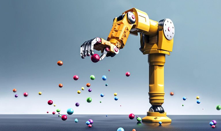 A conceptual image of a yellow robot arm grabbing a red ball surrounded by other colored bouncing balls.