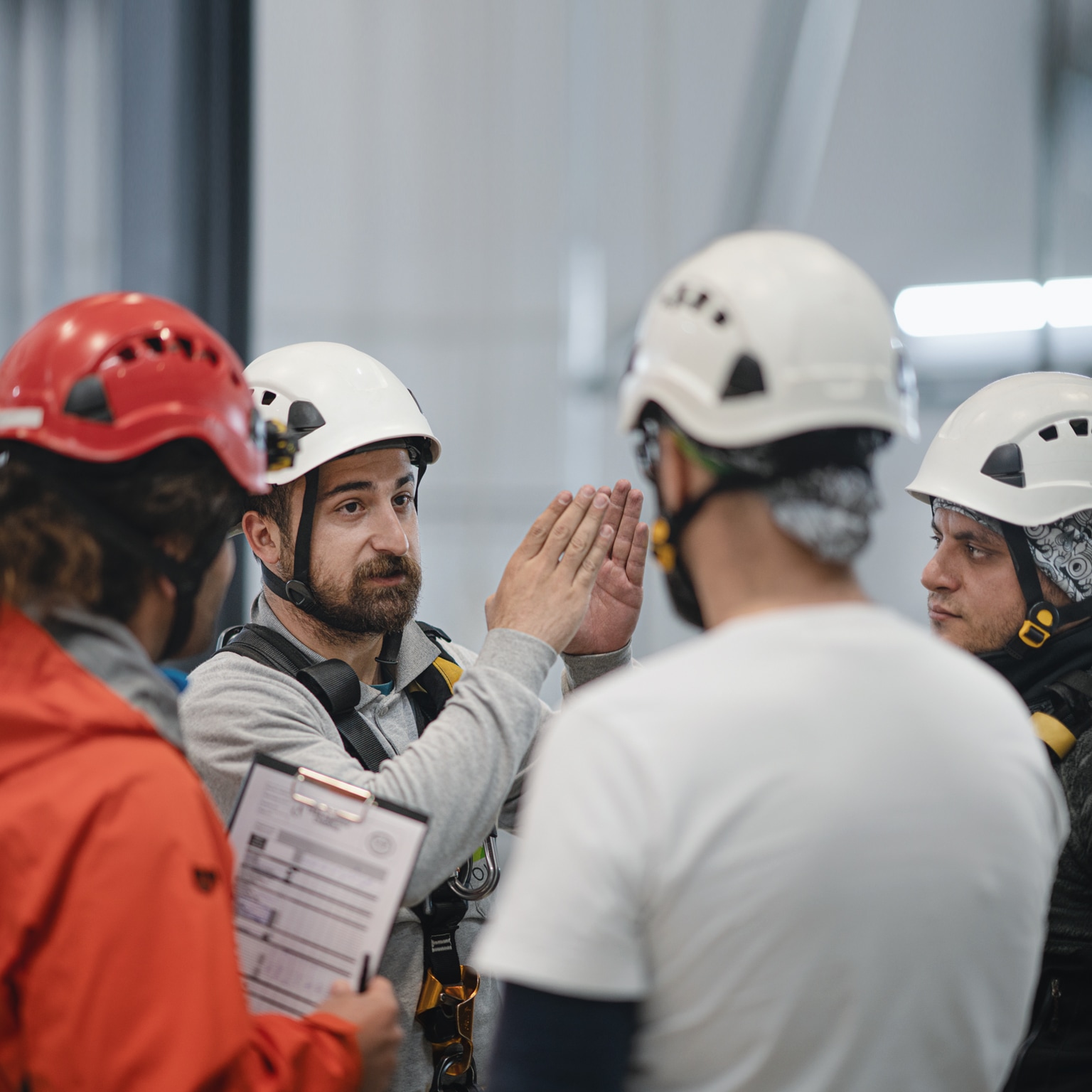 Morning meeting at the factory