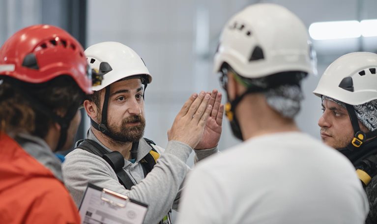 Morning meeting at the factory