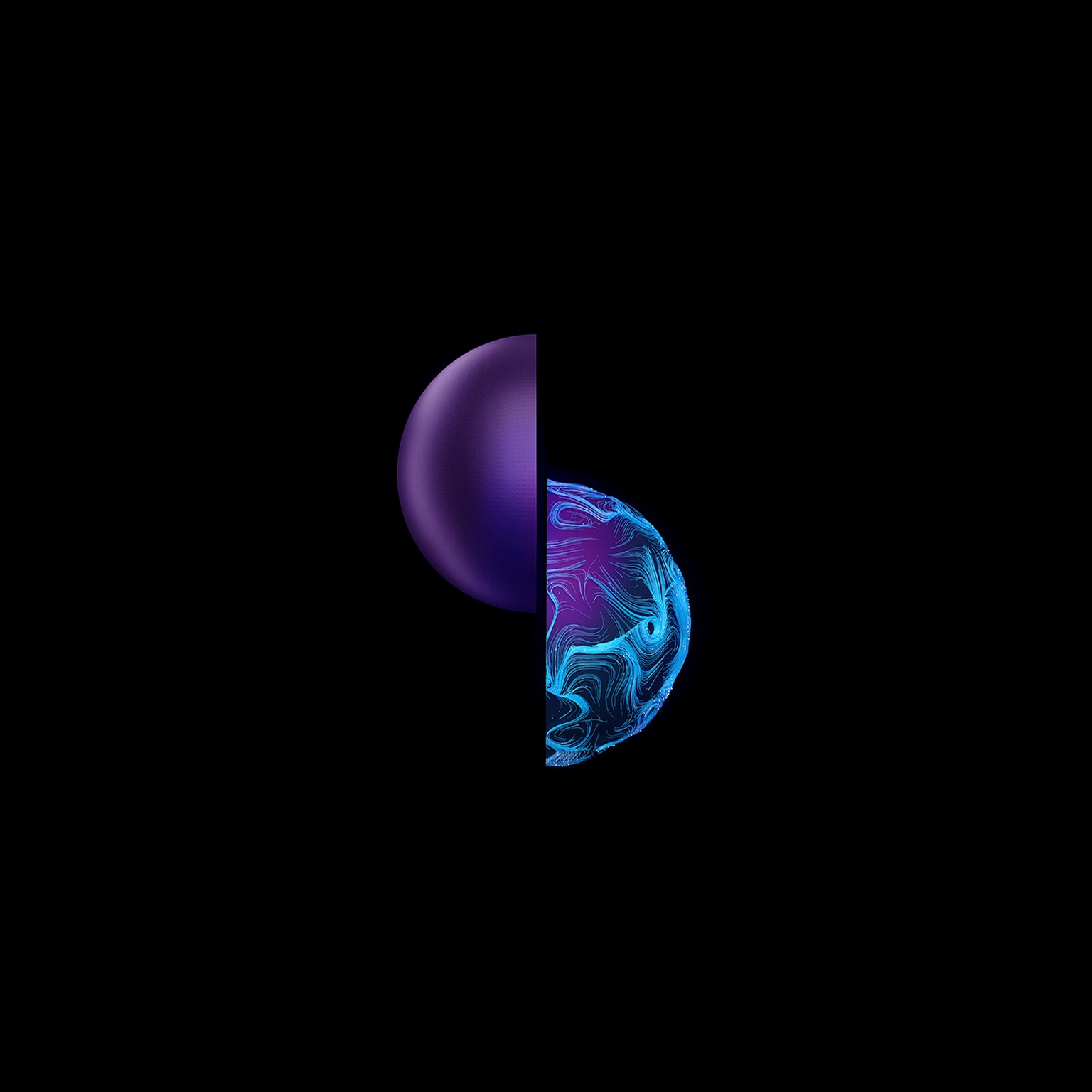 Contrast Hemispheres. Digital generated image of two different texture hemispheres made out of glowing blue turbulent swirl connections on the rights side and dark purple plastic on the left side separated and making impact to each other on black background. - stock photo