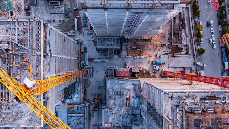Top View of Shanghai city modern Working Construction Site