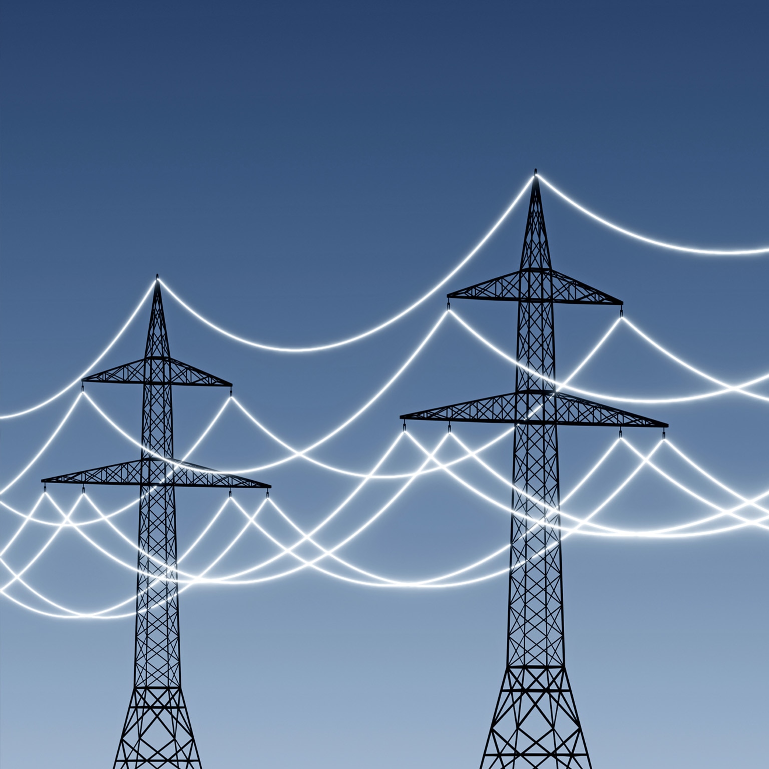 Electricity pylons with glowing power lines to emphasize technology