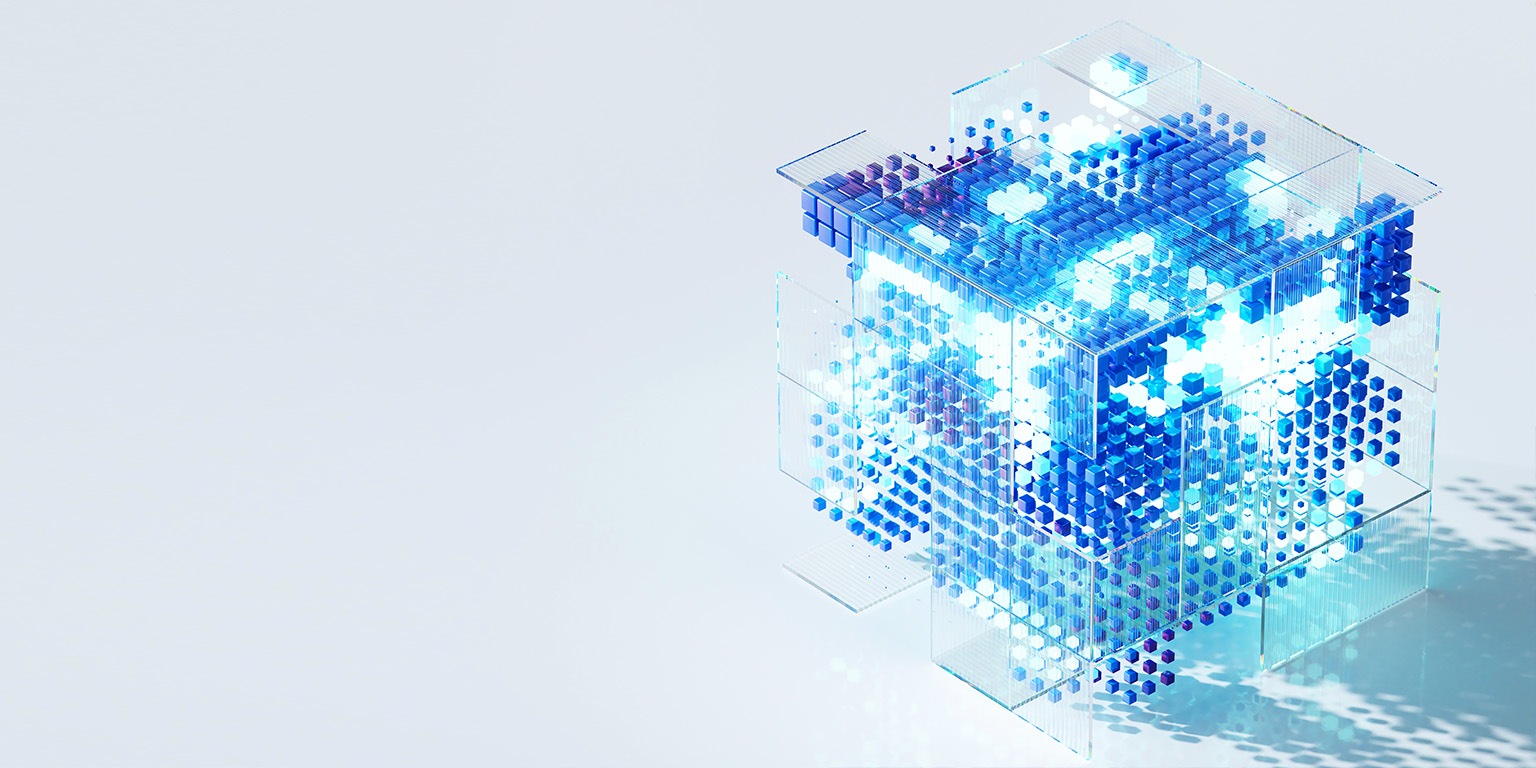 AI Innovation and Cloud Technology. Glowing Futuristic Cubes. Digital Network Flow. Data Cubes.