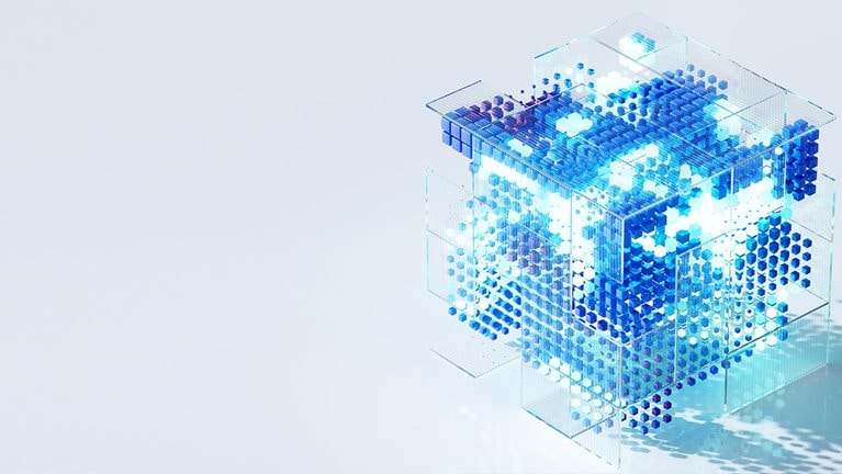 AI Innovation and Cloud Technology. Glowing Futuristic Cubes. Digital Network Flow. Data Cubes.