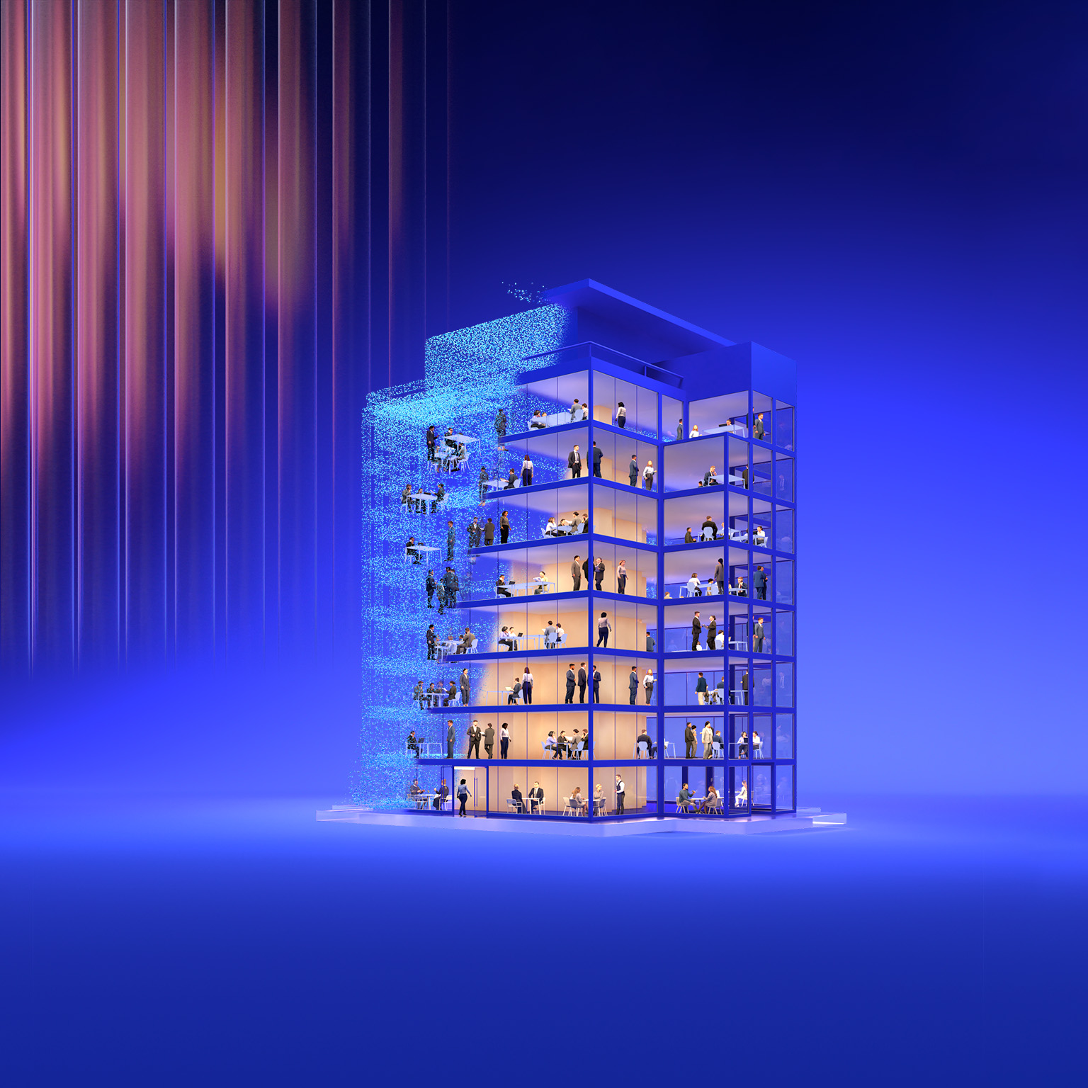 Abstract animation of small business figures working together in an open space as a luminous building gradually assembles from swirling pixels around them, representing AI evolving into a supportive structure that enables efficiency and success.
