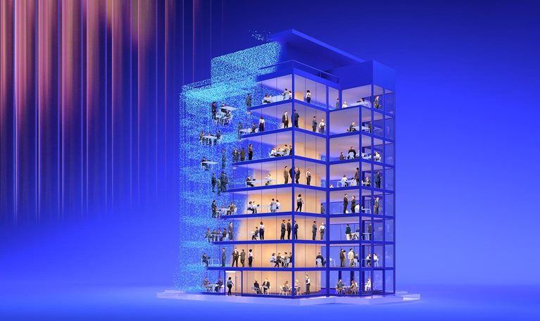 Abstract animation of small business figures working together in an open space as a luminous building gradually assembles from swirling pixels around them, representing AI evolving into a supportive structure that enables efficiency and success.