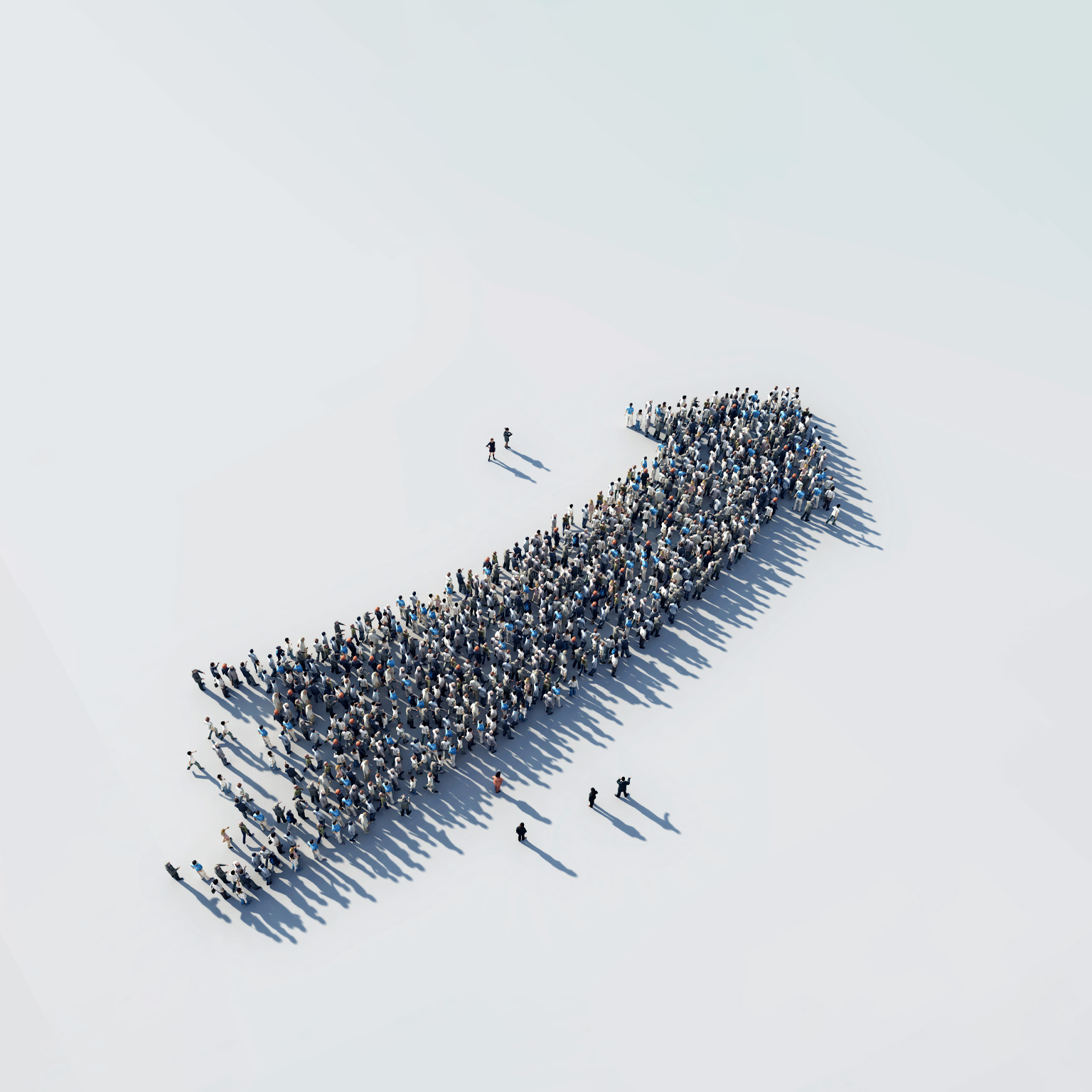 An arrow arching upward made out of a growing crowd of people.