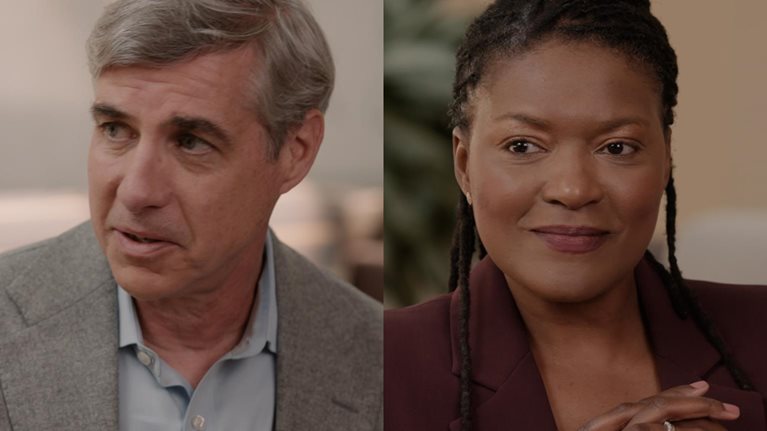 Stills from a video interview with Mastercard President and Chief Technology Officer Ed McLaughlin and Executive Vice President of People and Capability for Technology Charman Hayes