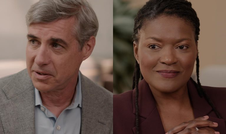 Stills from a video interview with Mastercard President and Chief Technology Officer Ed McLaughlin and Executive Vice President of People and Capability for Technology Charman Hayes