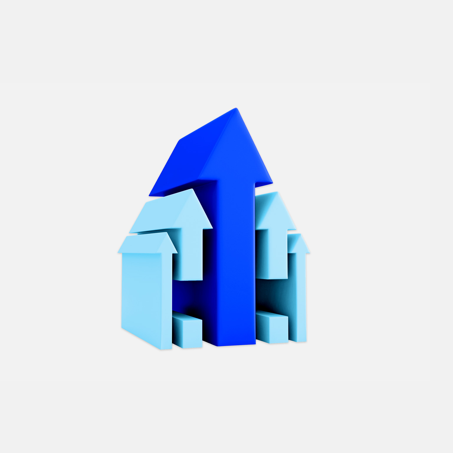 Several arrows pointing upwards, with one main blue arrow in the center surrounded by smaller, light blue arrows, implying the idea of growth. The design is clean and minimalistic, set against a white backdrop.