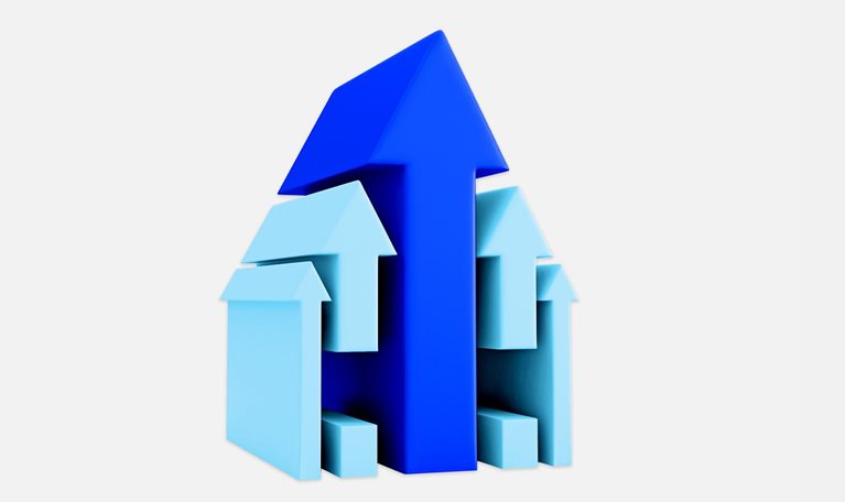 Several arrows pointing upwards, with one main blue arrow in the center surrounded by smaller, light blue arrows, implying the idea of growth. The design is clean and minimalistic, set against a white backdrop.