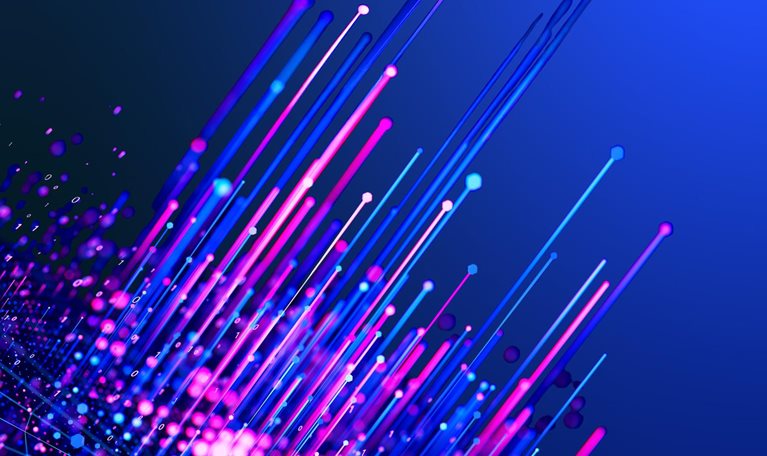 An abstract digital illustration featuring glowing blue and pink light streaks rising upward against a dark blue gradient background.