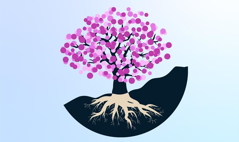 Vector illustration of a tree with blossoms and roots going into the ground.