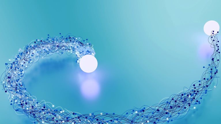 Abstract curved line of interconnected dots and lines forming a flowing network shape.