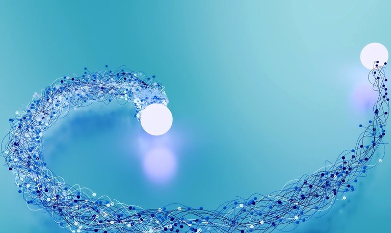 Abstract curved line of interconnected dots and lines forming a flowing network shape.